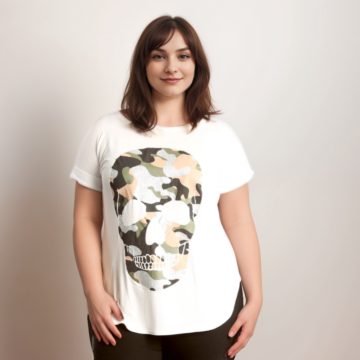 Dipped Hem Short Sleeve Glitter Skull T-Shirt