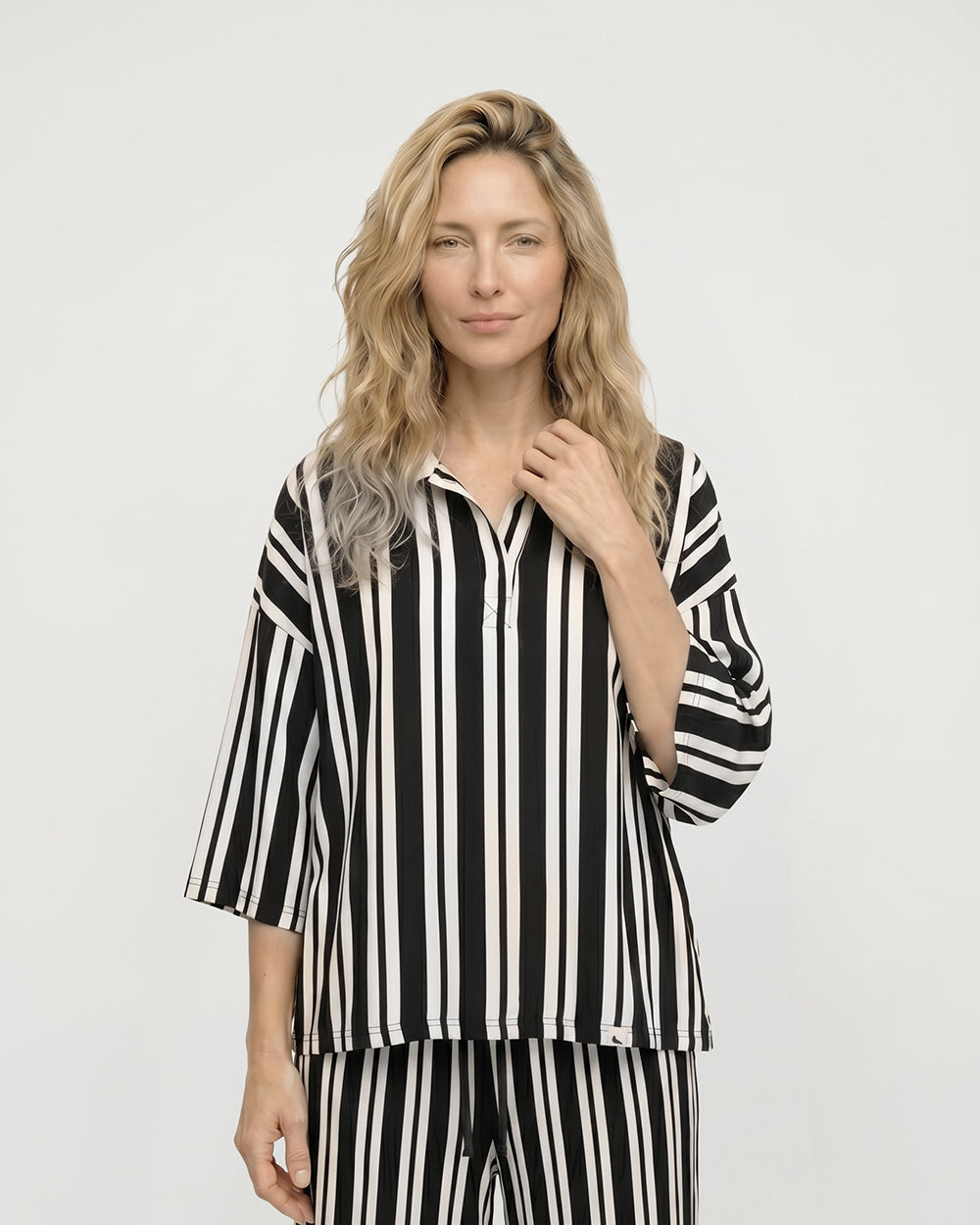 Vi Brown Stripe Print V-Neck Shirt