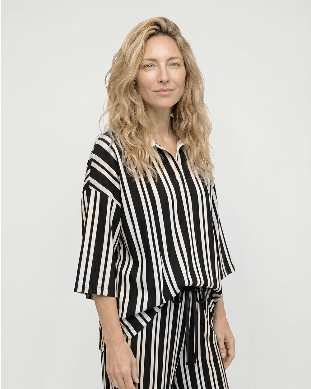 Vi Brown Stripe Print V-Neck Shirt